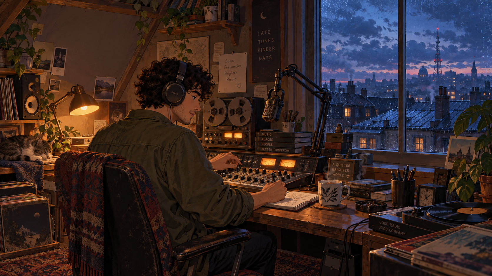 Our young radio host at a cozy attic desk, with warm lamplight, tape reels and rainy blue rooftops.